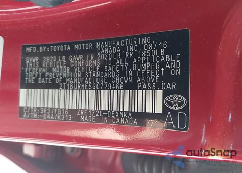 2016 Toyota Corolla Le from USA, damaged, VIN 2T1BURHE5GC729466